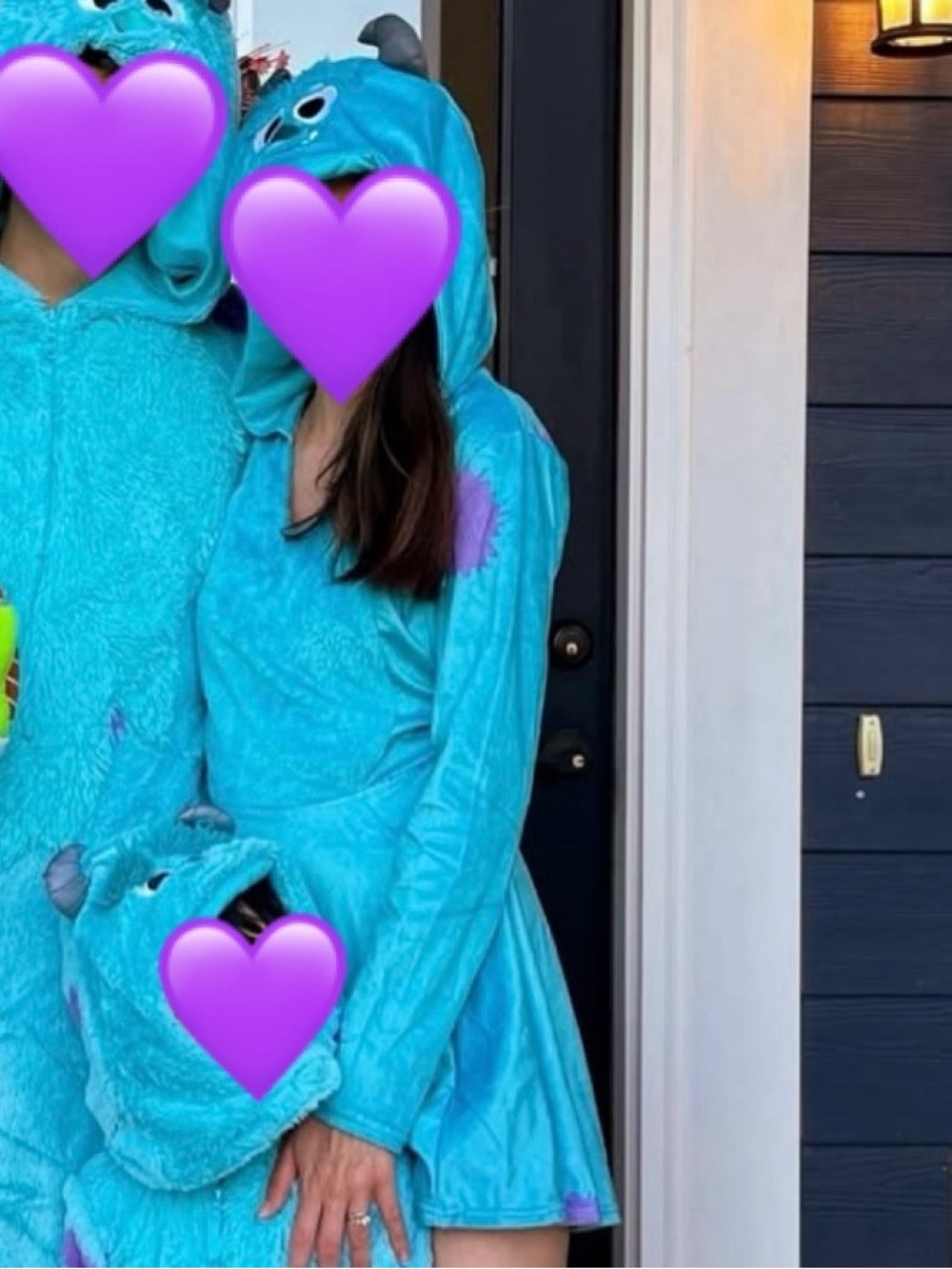 Like New- Party City Teal Monsters Inc Sully  Hooded Dress with Purple Spots